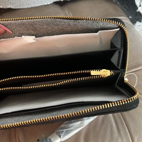 Coach Black Leather Long Zip Around Wallet W/ Quilting and Clutch wristlet strap